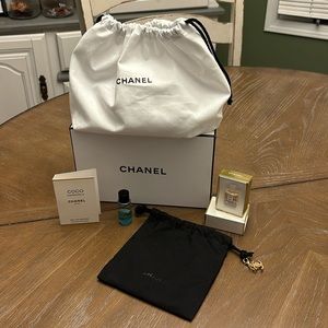 Chanel box, 2 Chanel pouches, and Chanel samples